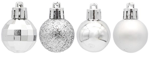 Detail of silver Christmas ball ornaments in faceted, glitter, shiny, and matte finishes