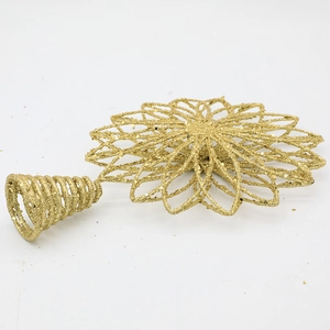 Golden glittery star christmas tree topper with elegant cutout design and spring base