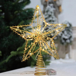 Goldener Weihnachtsbaumstern mit LED-Perlen und hohlem Draht-Glitzer-Finish