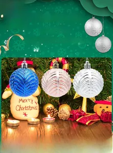 Detail of Christmas balls with embossed leaf patterns in blue, pink and silver finishes