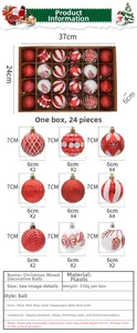 Size chart for 24-piece 6cm red and white Christmas ball ornaments set showing dimensions