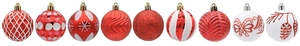 Detail of red and white Christmas ball set with glitter snowflakes and festive patterns