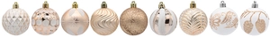 Detail of 9-piece rose gold and white mixed pattern Christmas ball ornaments with hanging caps