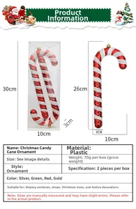 Detail of red and white striped candy cane ornaments with measurement dimensions