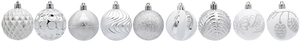 Detail of silver and white Christmas ball ornaments with glitter and snowflake patterns