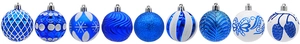 Detail of 9 blue and white Christmas ornaments with glitter snowflakes and wave patterns