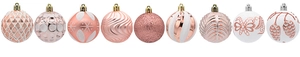 Detail showing 9 mixed texture rose gold and white Christmas ball ornaments with patterns
