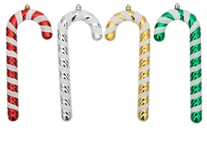 Close-up of four colored Christmas candy cane ornaments with glitter and metallic finish