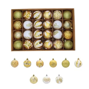 Detail of 24-piece gold and white Christmas ball set showing 6cm ornaments and dimensions