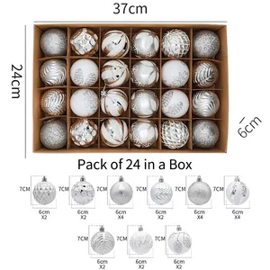 24pcs silver and white Christmas ornament set with various textures and size specifications