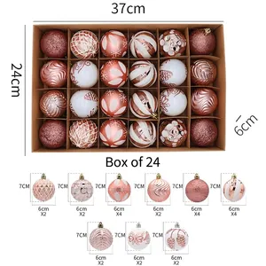 Set of 24 assorted rose gold and white 6cm Christmas balls with multiple finishes