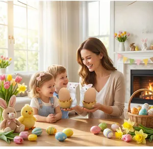 Charming resin Easter bunny egg holder stand displayed in a warm family holiday scene