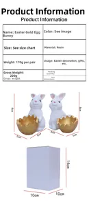 Detail view of resin Easter bunny figurines with gold egg shells and product dimensions