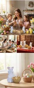 Detail of Easter bunny resin figurine with gold egg shell base for home table decor