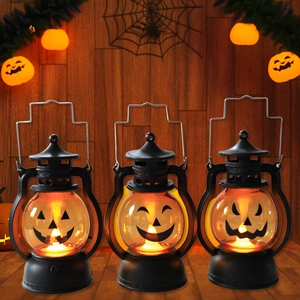 Σετ 3 LED φαναράκια κολοκύθας Halloween με vintage μαύρο πλαίσιο και μεταλλική λαβή