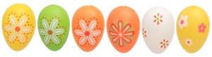 Row of six colorful Easter eggs with floral patterns on a clean white background