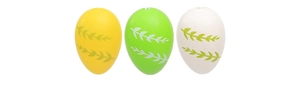 Row of colorful Easter eggs with green leaf patterns on white background for party decor