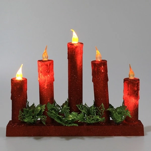 Lot de 5 bougies de Noël LED rouges avec base de houx pailletée pour décoration