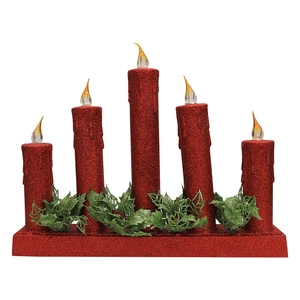 Pont de bougies de Noël rouge pailleté avec cinq LED et décorations de houx