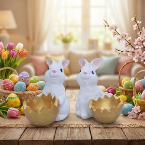 Easter bunny figurines holding golden eggshells for festive tabletop decoration