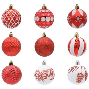 9-piece set of red and white Christmas balls with various festive patterns for tree decor