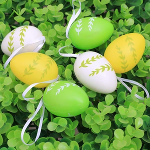 Set of 6 Easter hanging eggs with leaf patterns in green, yellow and white colors