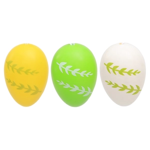 Three colorful Easter eggs with green leaf patterns and hanging holes for decoration