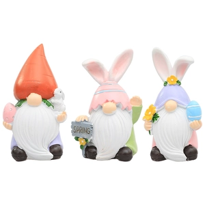 Set di tre gnomi pasquali in resina con orecchie da coniglio e decorazioni primaverili