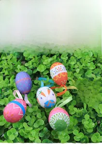 Set of six colorful Easter egg ornaments with hand-painted patterns and silk ribbons