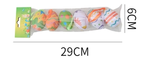 Detailed view of six decorative Easter eggs with colorful patterns and hanging ribbons