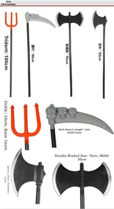 Detailed size specifications for Halloween toy trident, scythe, and double-sided axes