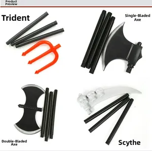 Halloween weapon prop set with trident, scythe, and axes with detachable black poles