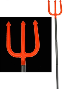 Detail view of red devil trident with black handle for Halloween costume party weapon