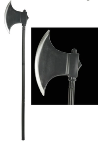 Detail view of a medieval style battle axe prop with a black handle and silver blade