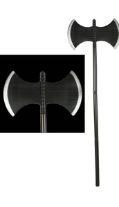 Macro detail of a double-headed plastic battle axe prop with silver metallic finish blades