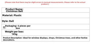 Detailed specifications table for 8cm plastic Christmas ball ornaments 6pcs set