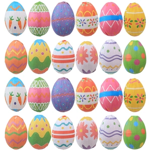 Matrix layout of 24 colorful Easter eggs with carrot and floral patterns on white