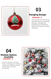 Detail of red and white Christmas tree balls with festive patterns and gold hanging hooks