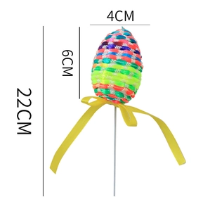Detailed dimensions of woven Easter egg pick with ribbon bow and 22cm support stick