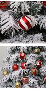 Detail of 8cm painted Christmas balls with glitter patterns and snowy tree display