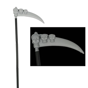 Halloween Grim Reaper scythe prop with 3D skull relief details and long black handle