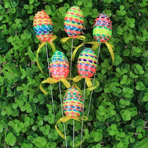 Set of 6 colorful nylon woven Easter eggs on sticks for floral arrangements and decor