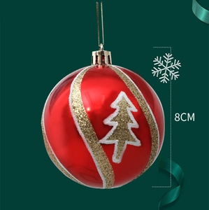 Detailed 8cm red Christmas ball with golden spiral patterns and white pine tree motifs