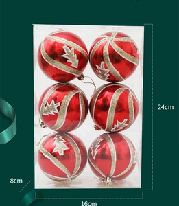 Detailed size view of six red and gold patterned 8cm Christmas balls in a PVC box