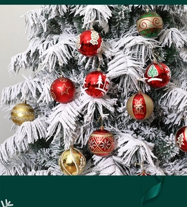 Detail of glittery Christmas tree balls with festive patterns on snowy branches