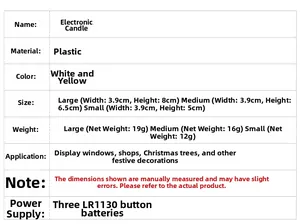 Size chart showing height and weight details for small to large LED battery candles