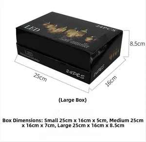 Detailed packaging dimensions for LED acrylic candle sets in black corrugated boxes