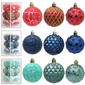 Detail of 12pcs Christmas ball ornaments in red blue green with diverse textured patterns