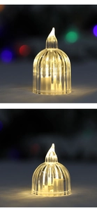 Close-up of LED candle with acrylic vertical stripes and warm yellow flickering flame