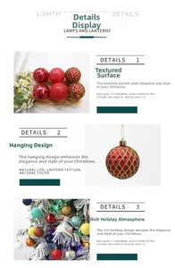 Detailed view of red and gold Christmas ball ornaments with glitter and matte textures